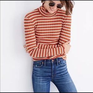 Madewell orange & green striped turtleneck with frilly detail size Small